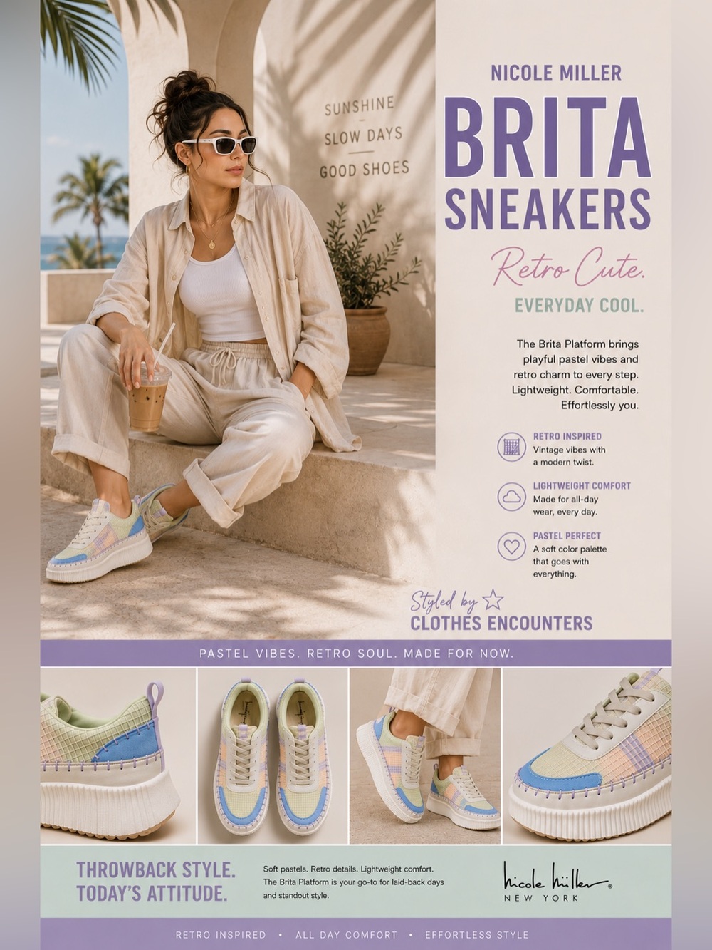 Nicole Miller Brita Sneakers Platform Beige Mist blue pink green beige 7.5 NWT
